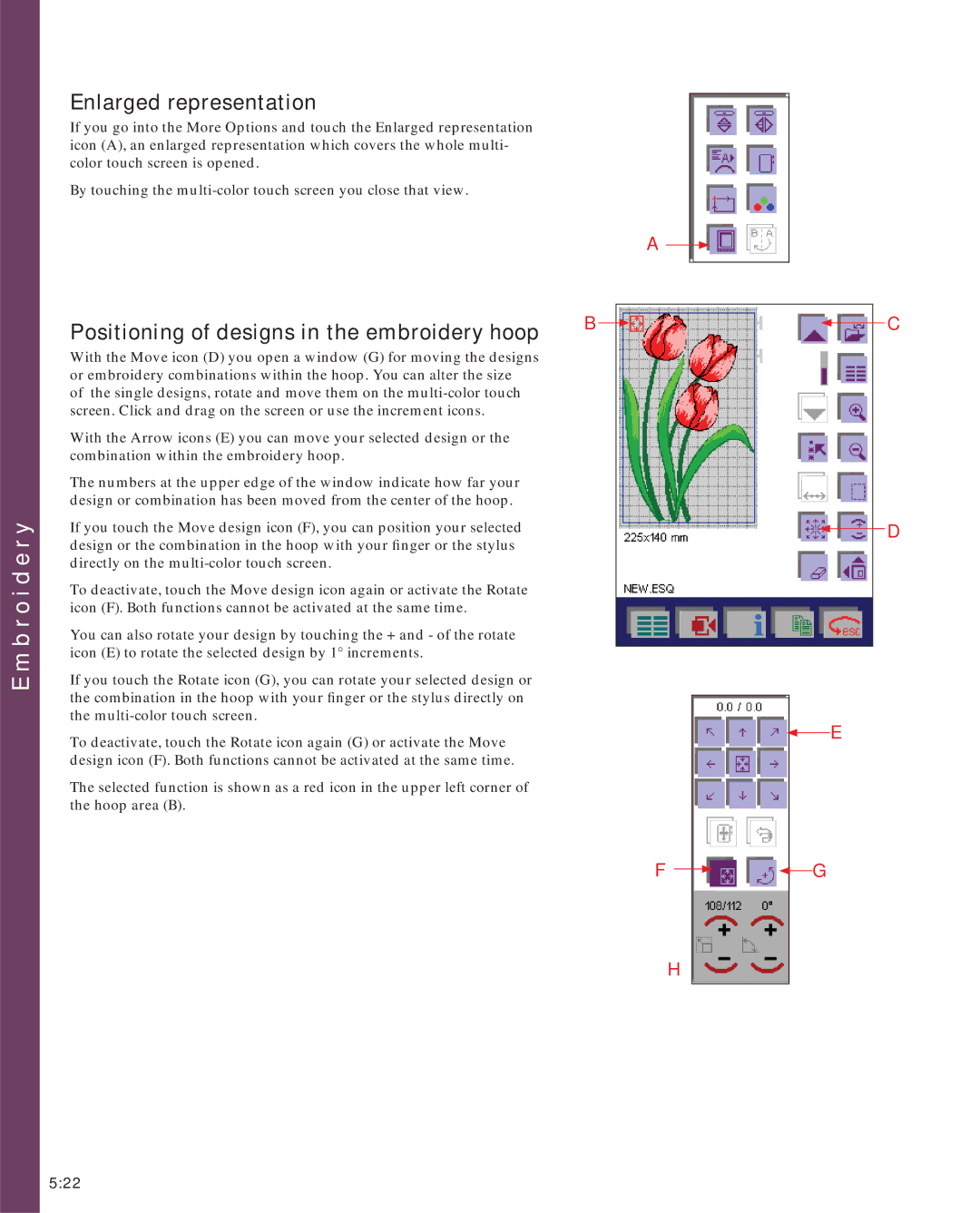 Pfaff 2170 owner manual Enlarged representation, Positioning of designs in the embroidery hoop 