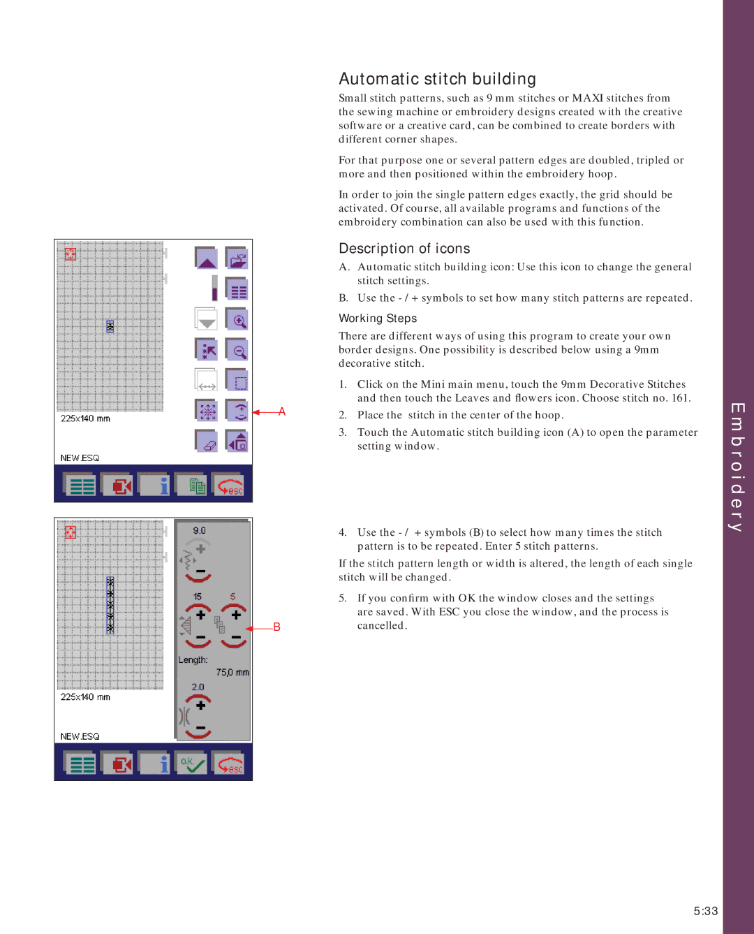 Pfaff 2170 owner manual Automatic stitch building, Description of icons, Working Steps 