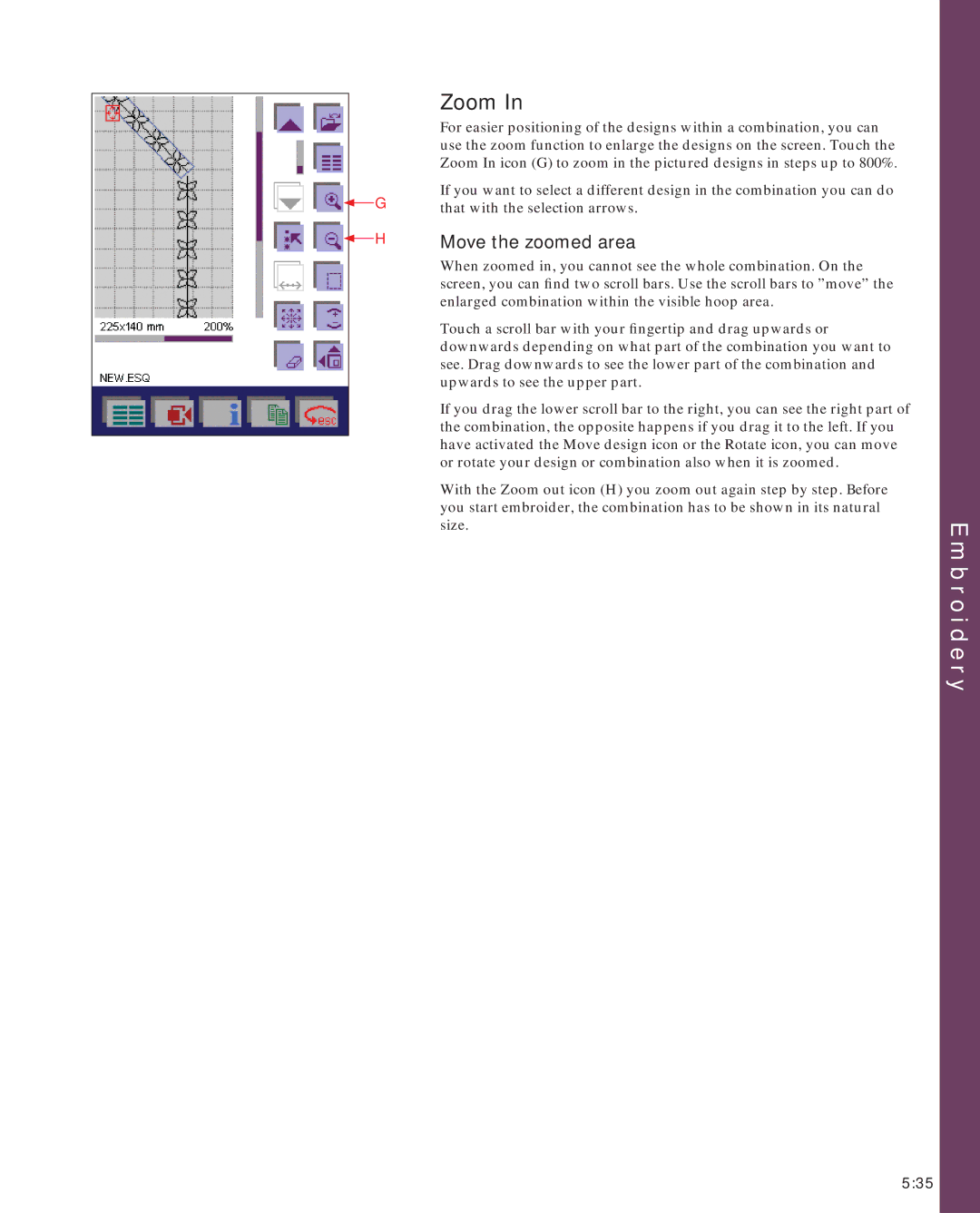 Pfaff 2170 owner manual Em b r o i d e r y, Zoom, Move the zoomed area 