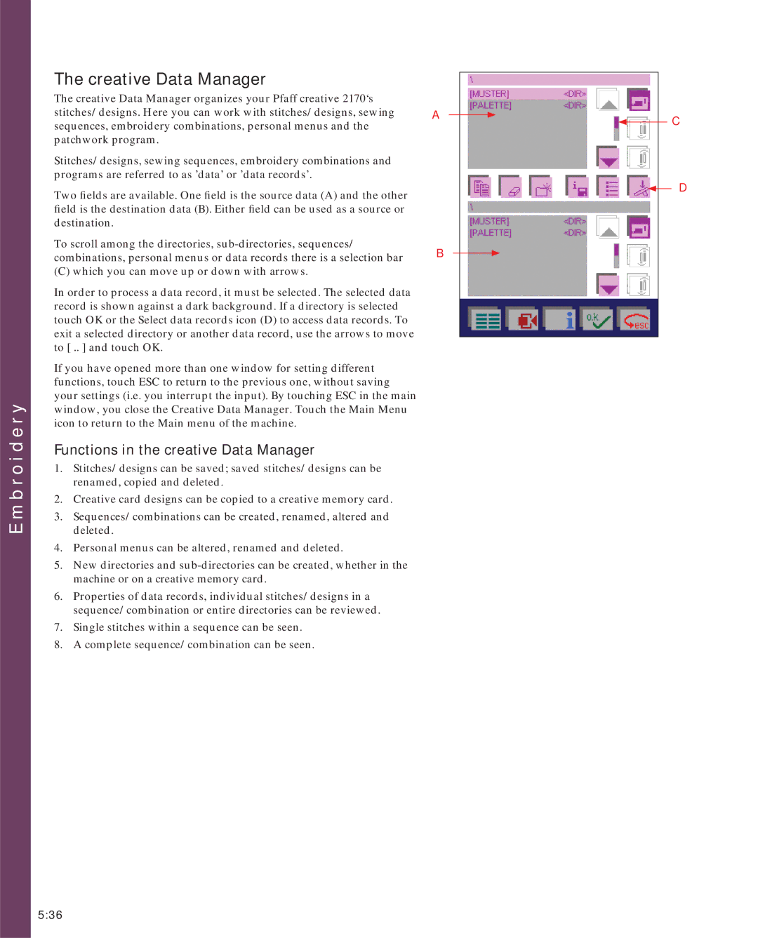 Pfaff 2170 owner manual Creative Data Manager, Functions in the creative Data Manager 