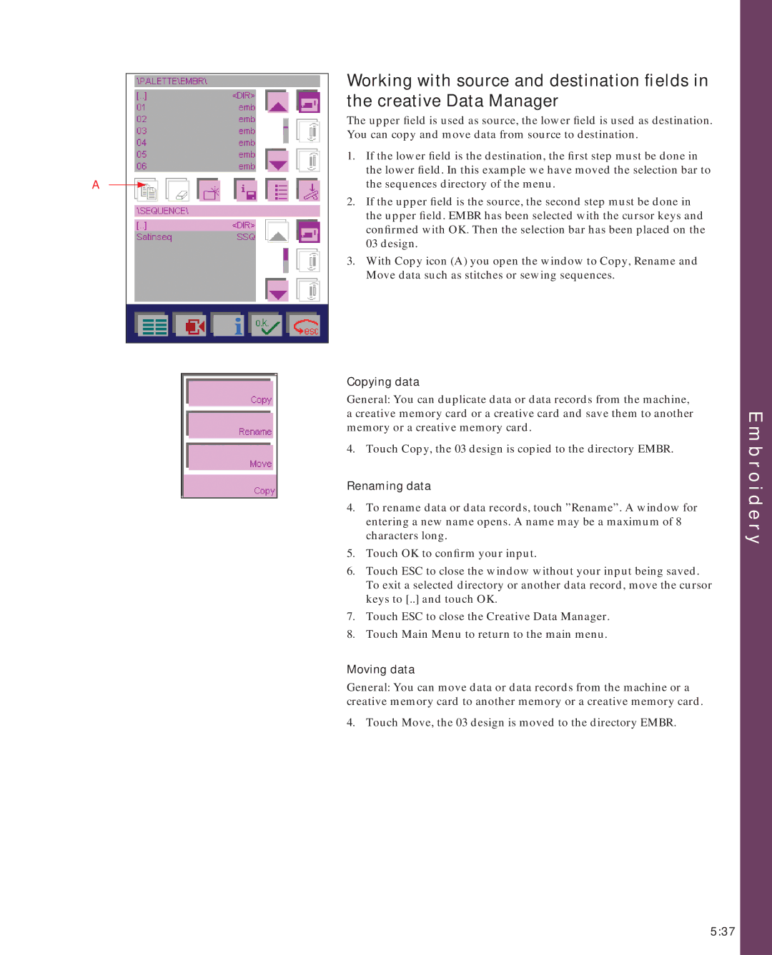 Pfaff 2170 owner manual Copying data, Renaming data, Moving data 