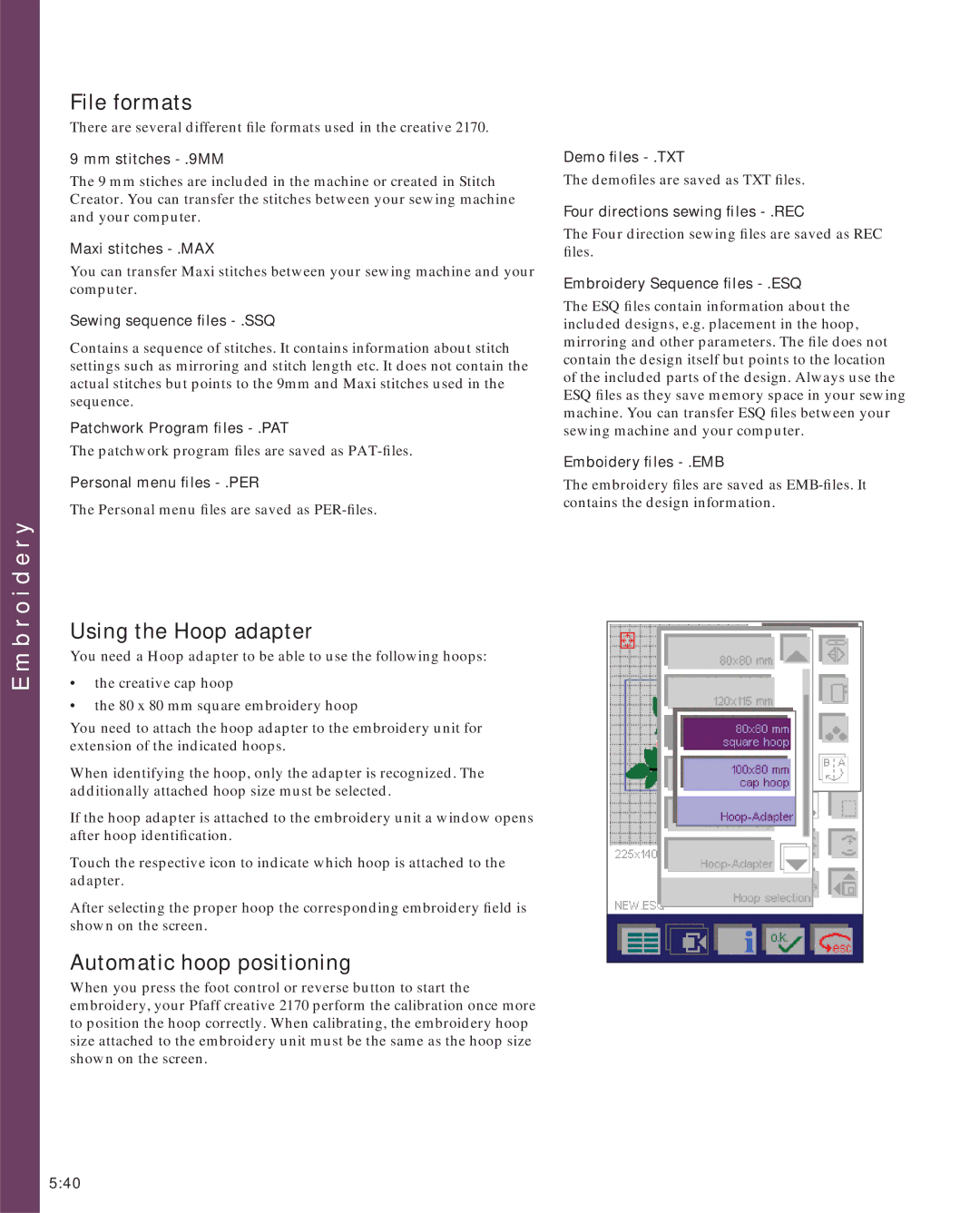 Pfaff 2170 owner manual File formats, Using the Hoop adapter, Automatic hoop positioning 