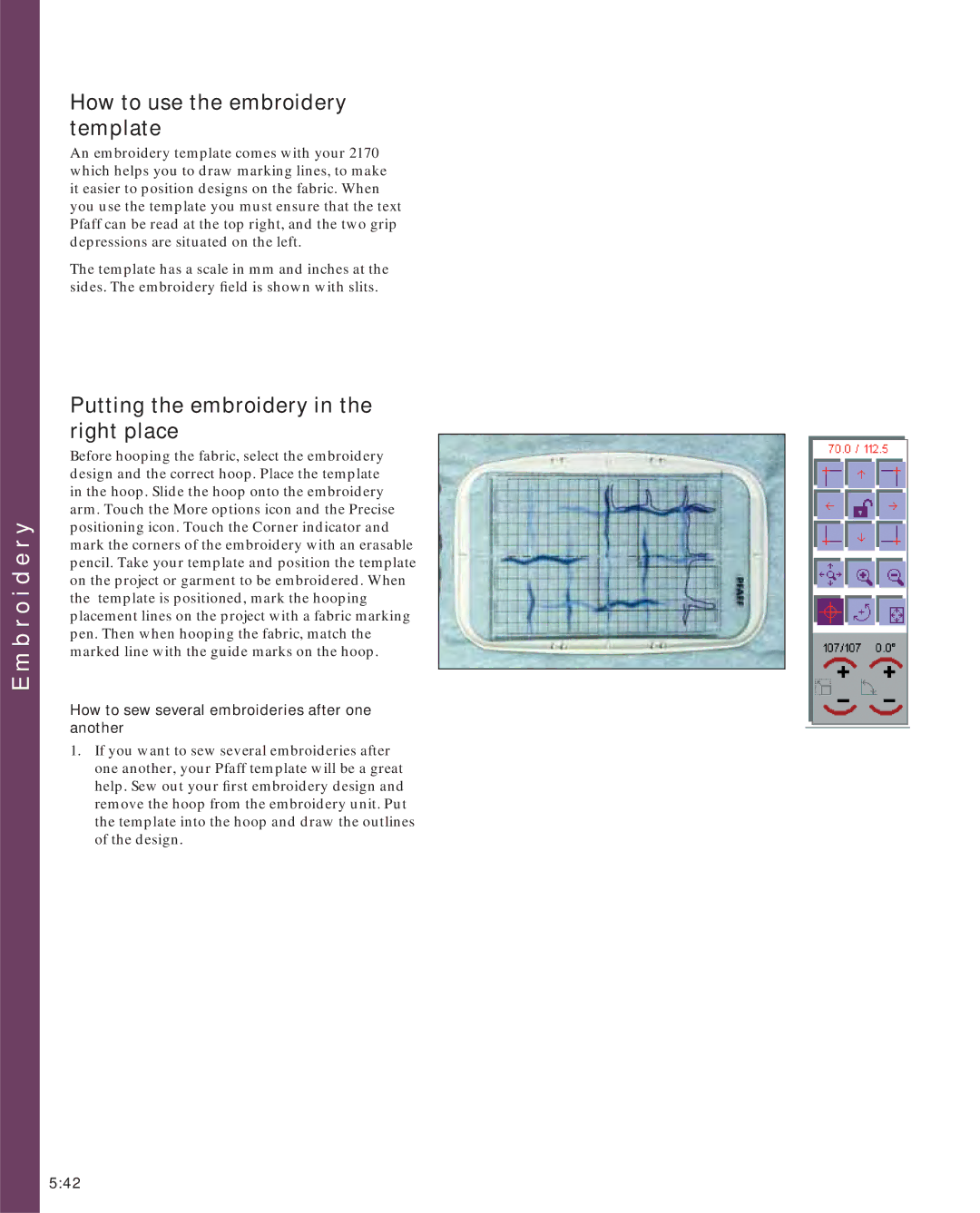 Pfaff 2170 owner manual How to use the embroidery template, Putting the embroidery in the right place 