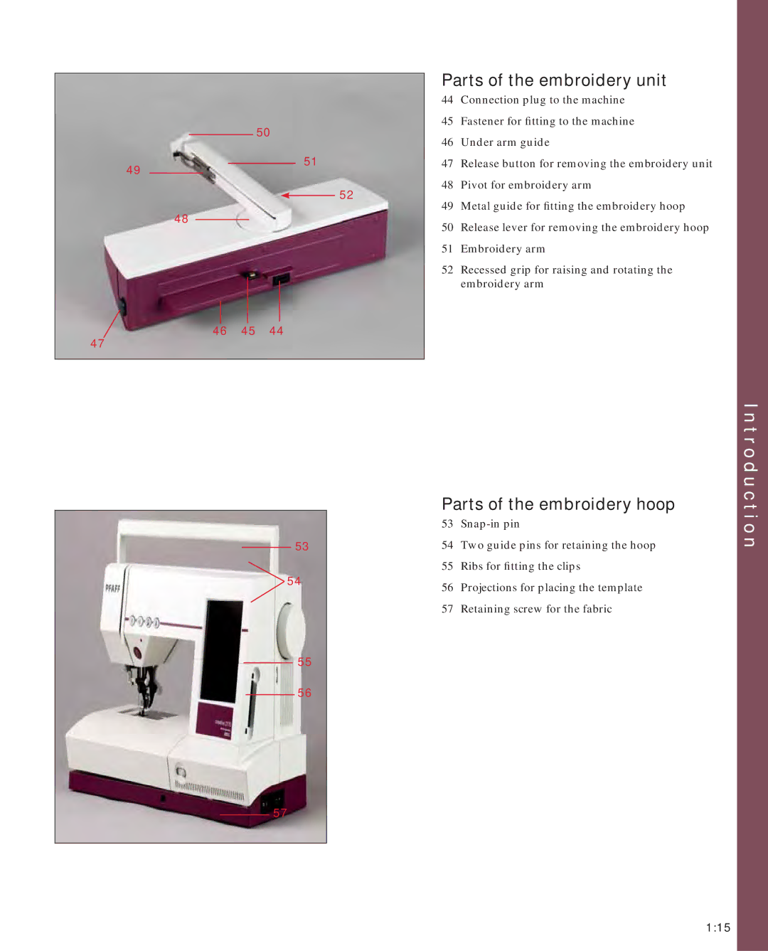 Pfaff 2170 owner manual Parts of the embroidery unit, Parts of the embroidery hoop 