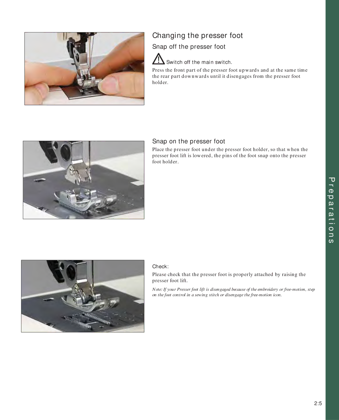 Pfaff 2170 Changing the presser foot, Snap off the presser foot, Snap on the presser foot, Switch off the main switch 