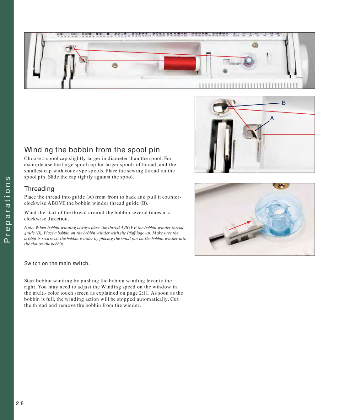 Pfaff 2170 owner manual Winding the bobbin from the spool pin, Threading, Switch on the main switch 