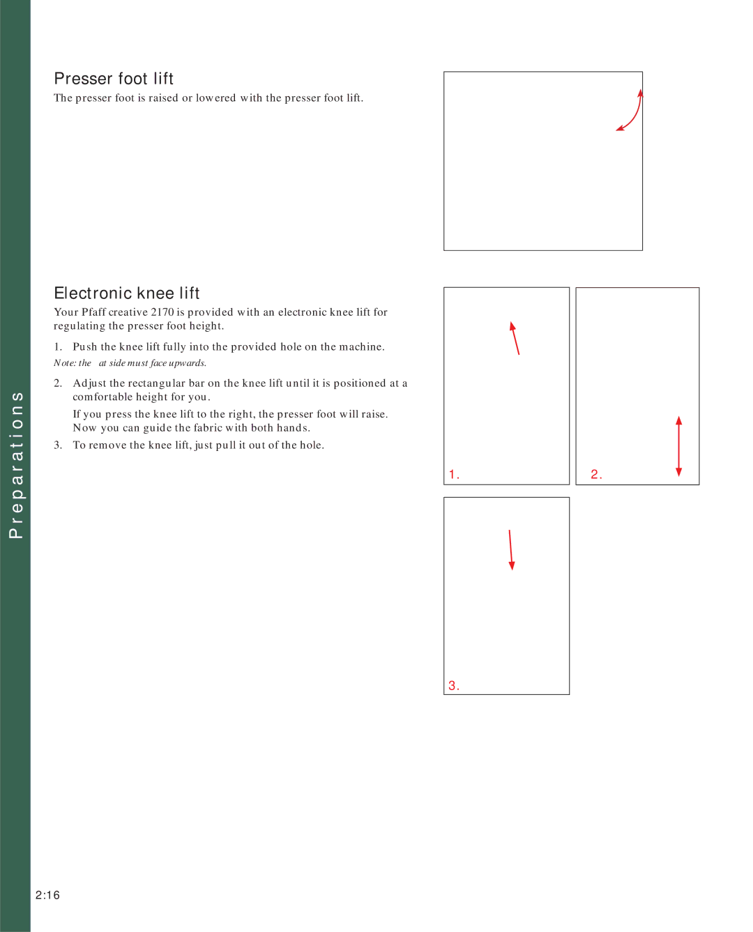 Pfaff 2170 owner manual Presser foot lift, Electronic knee lift 