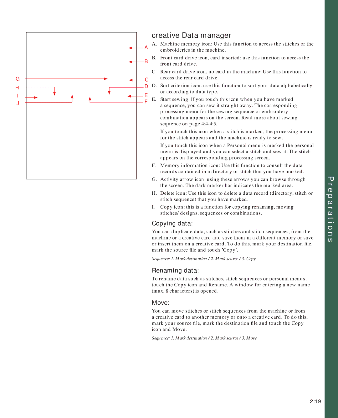 Pfaff 2170 owner manual Copying data, Renaming data, Move 