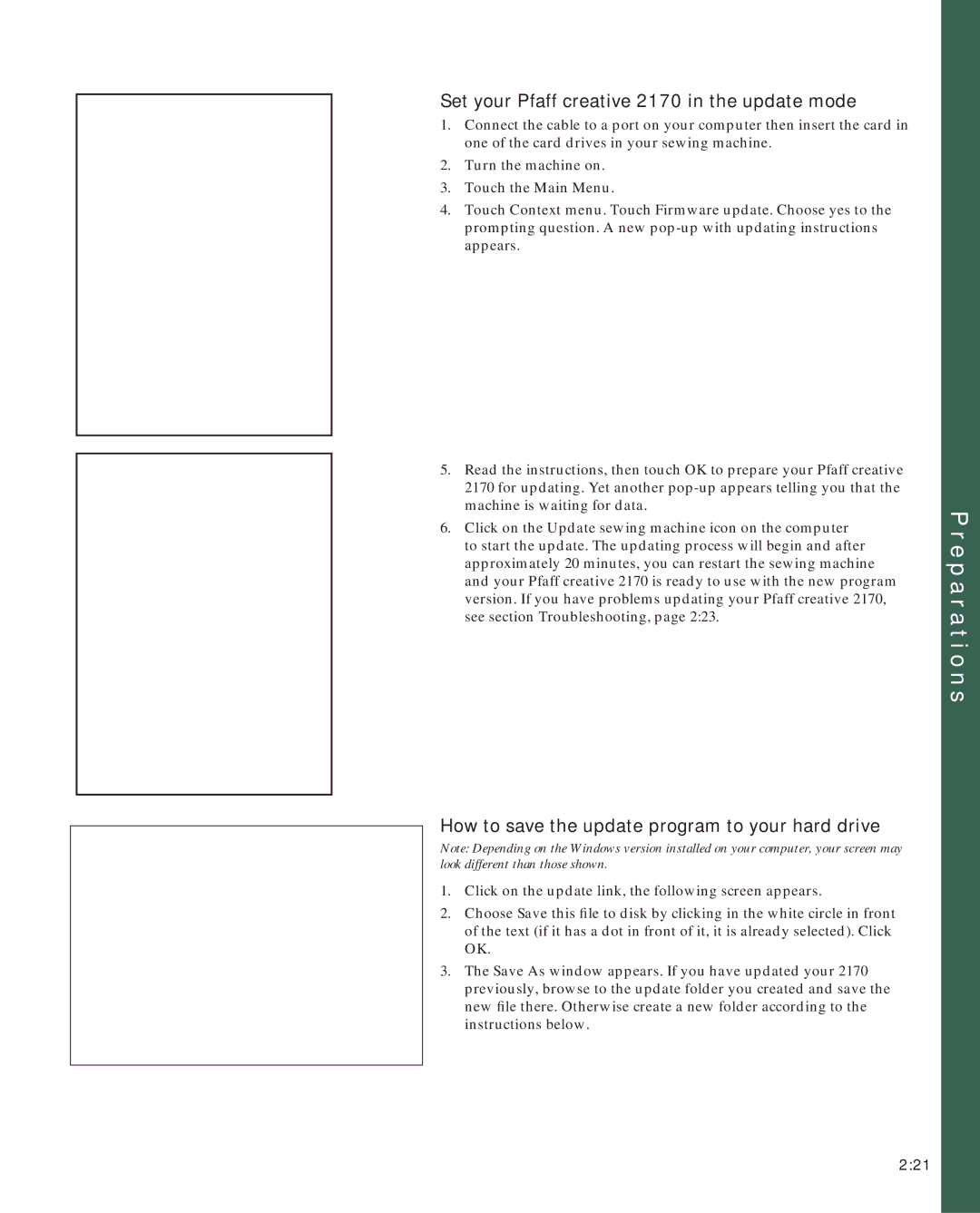 Pfaff owner manual Set your Pfaff creative 2170 in the update mode, How to save the update program to your hard drive 