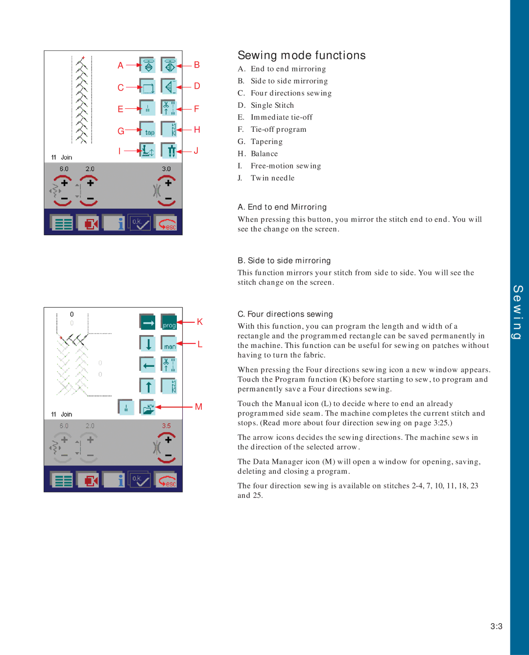 Pfaff 2170 owner manual Sewing mode functions, End to end Mirroring, Side to side mirroring, Four directions sewing 