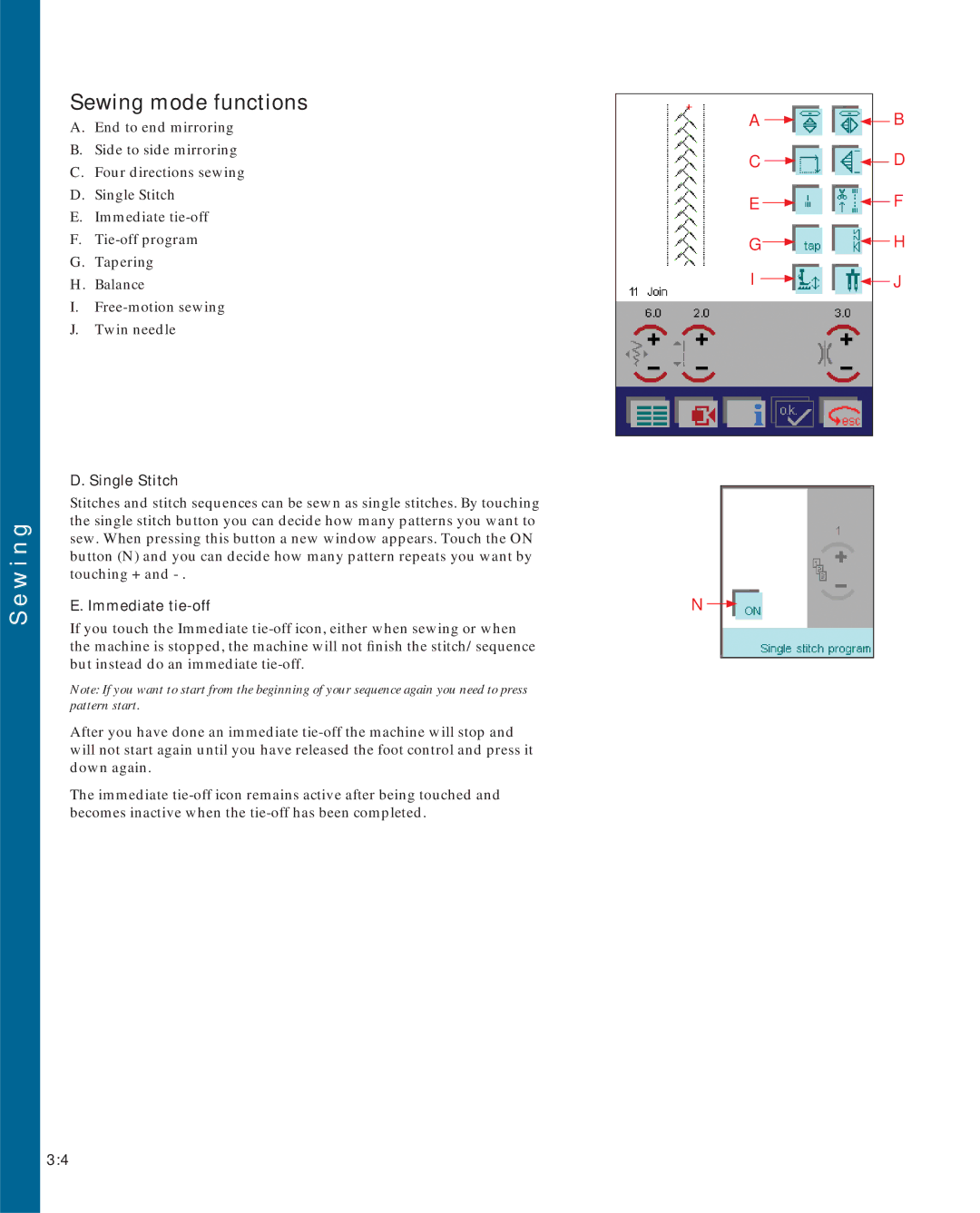 Pfaff 2170 owner manual Single Stitch, Immediate tie-off 