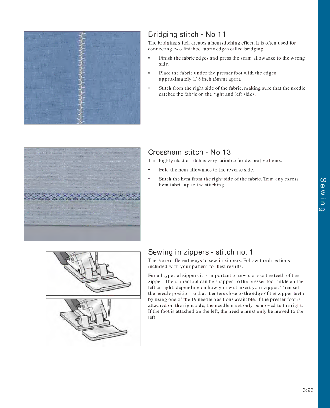 Pfaff 2170 owner manual Bridging stitch No, Crosshem stitch No, Sewing in zippers stitch no 