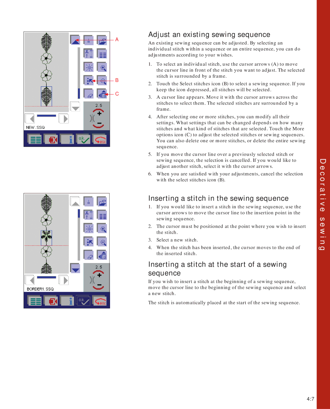 Pfaff 2170 owner manual Adjust an existing sewing sequence, Inserting a stitch in the sewing sequence 