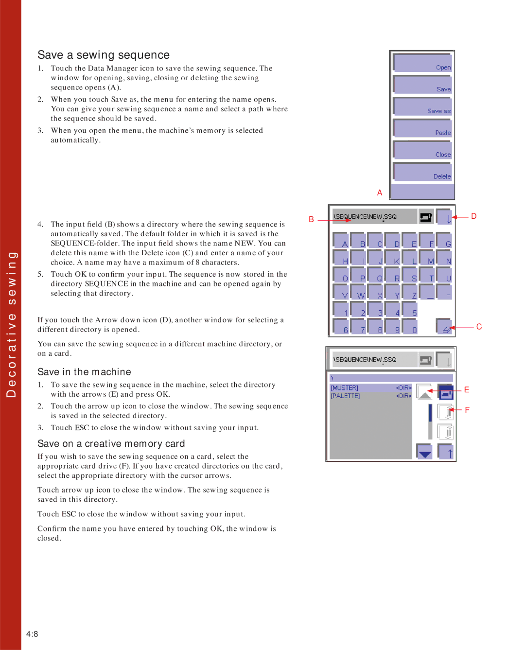 Pfaff 2170 owner manual Save a sewing sequence, Save in the machine, Save on a creative memory card 