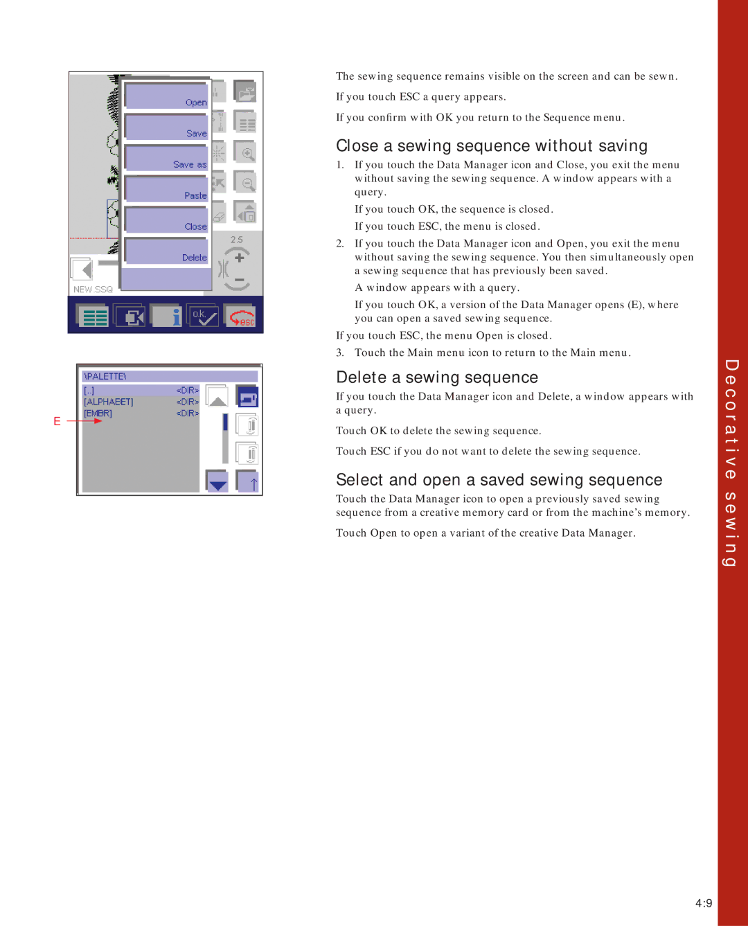 Pfaff 2170 Close a sewing sequence without saving, Delete a sewing sequence, Select and open a saved sewing sequence 