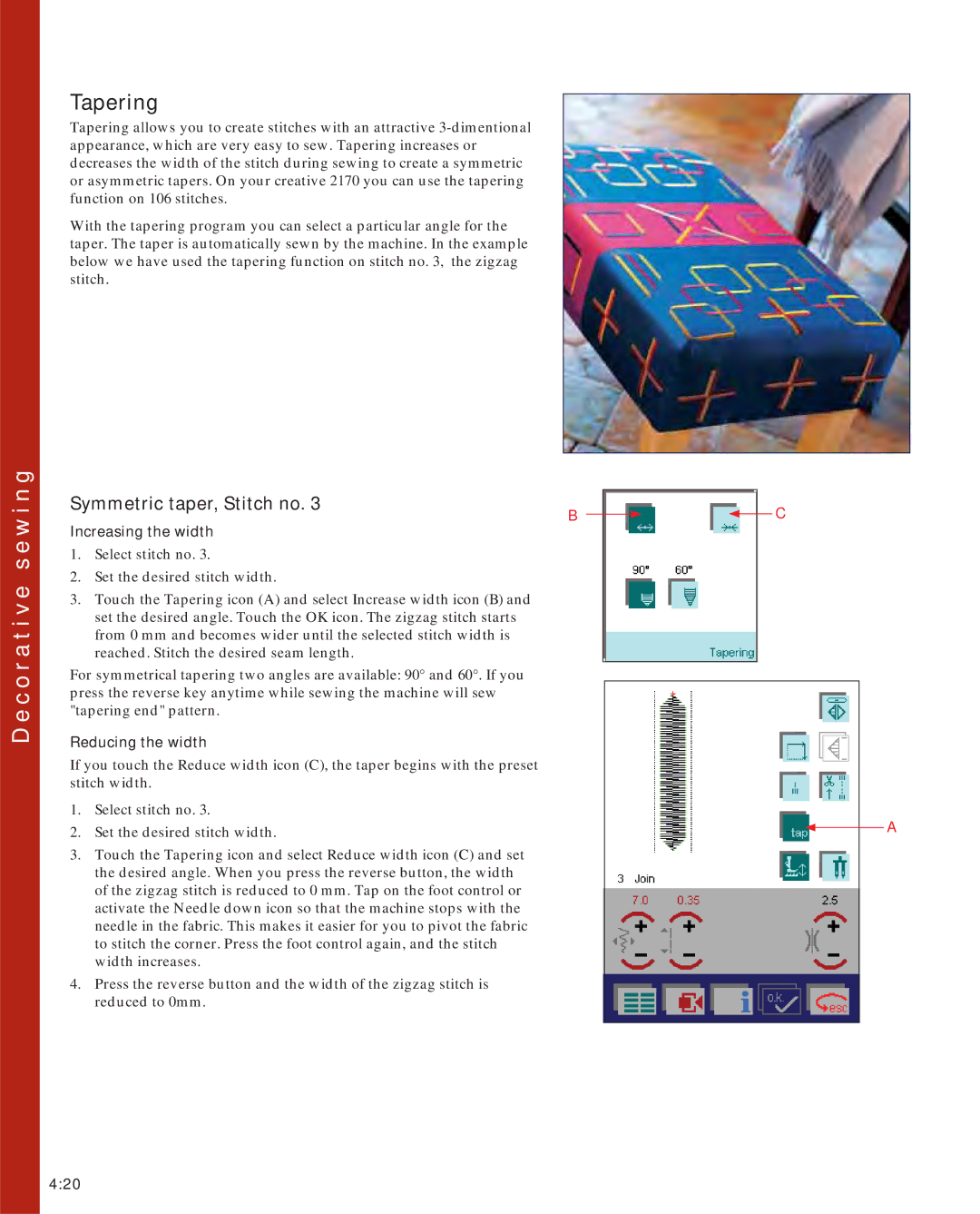 Pfaff 2170 owner manual N g, Tapering, Symmetric taper, Stitch no, Increasing the width, Reducing the width 