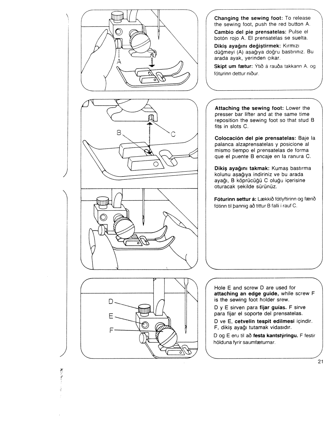 Pfaff 340.521.541.721.741 manual Changing, BotOn rojo A. El prensatelas se suelta, Attaching the sewing foot Lower 