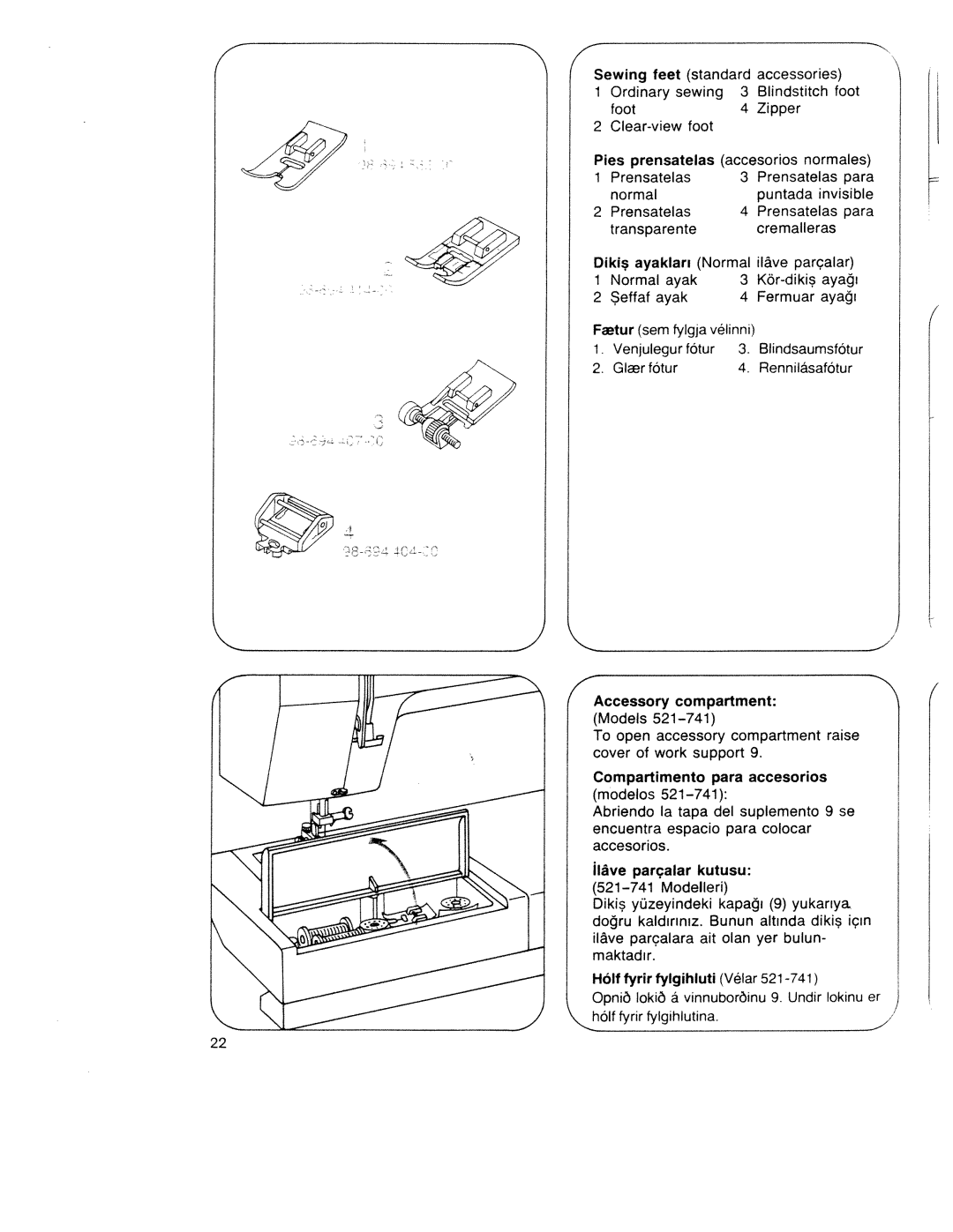 Pfaff 340.521.541.721.741 GlrfOtur, Sewing feet standard accessories, Accessory compartment, Compartimento para accesorios 