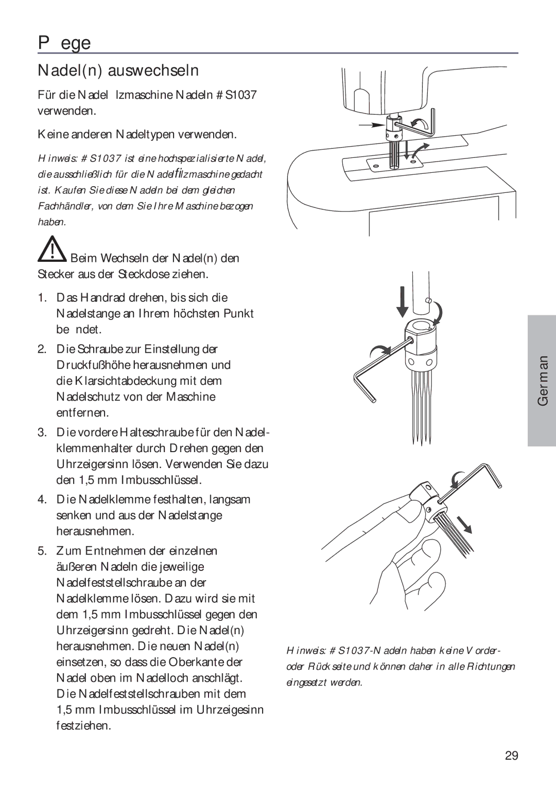 Pfaff 350P owner manual Pﬂege, Nadeln auswechseln 