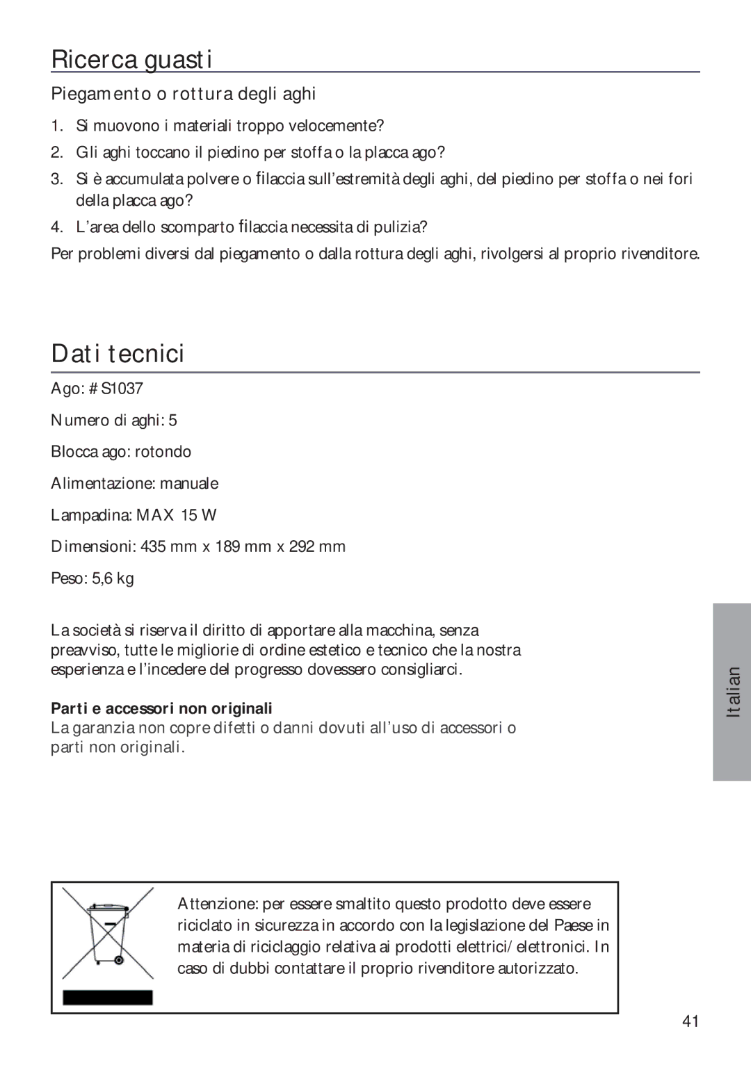 Pfaff 350P owner manual Ricerca guasti, Dati tecnici 