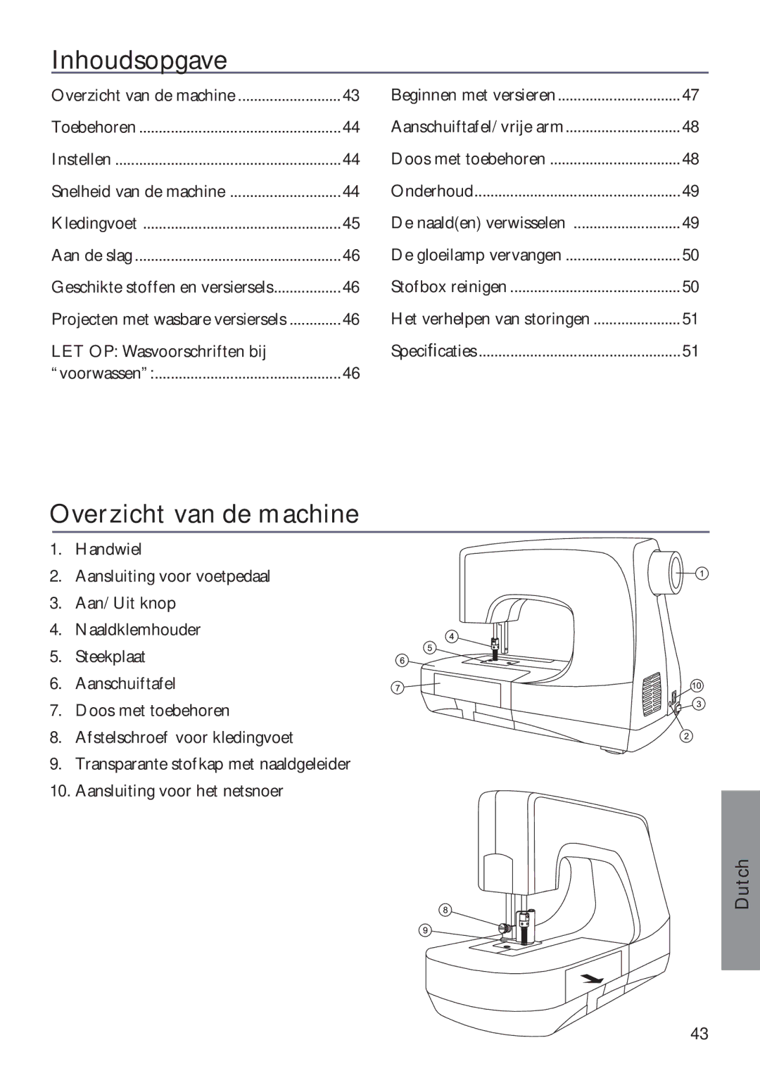 Pfaff 350P owner manual Inhoudsopgave, Overzicht van de machine 