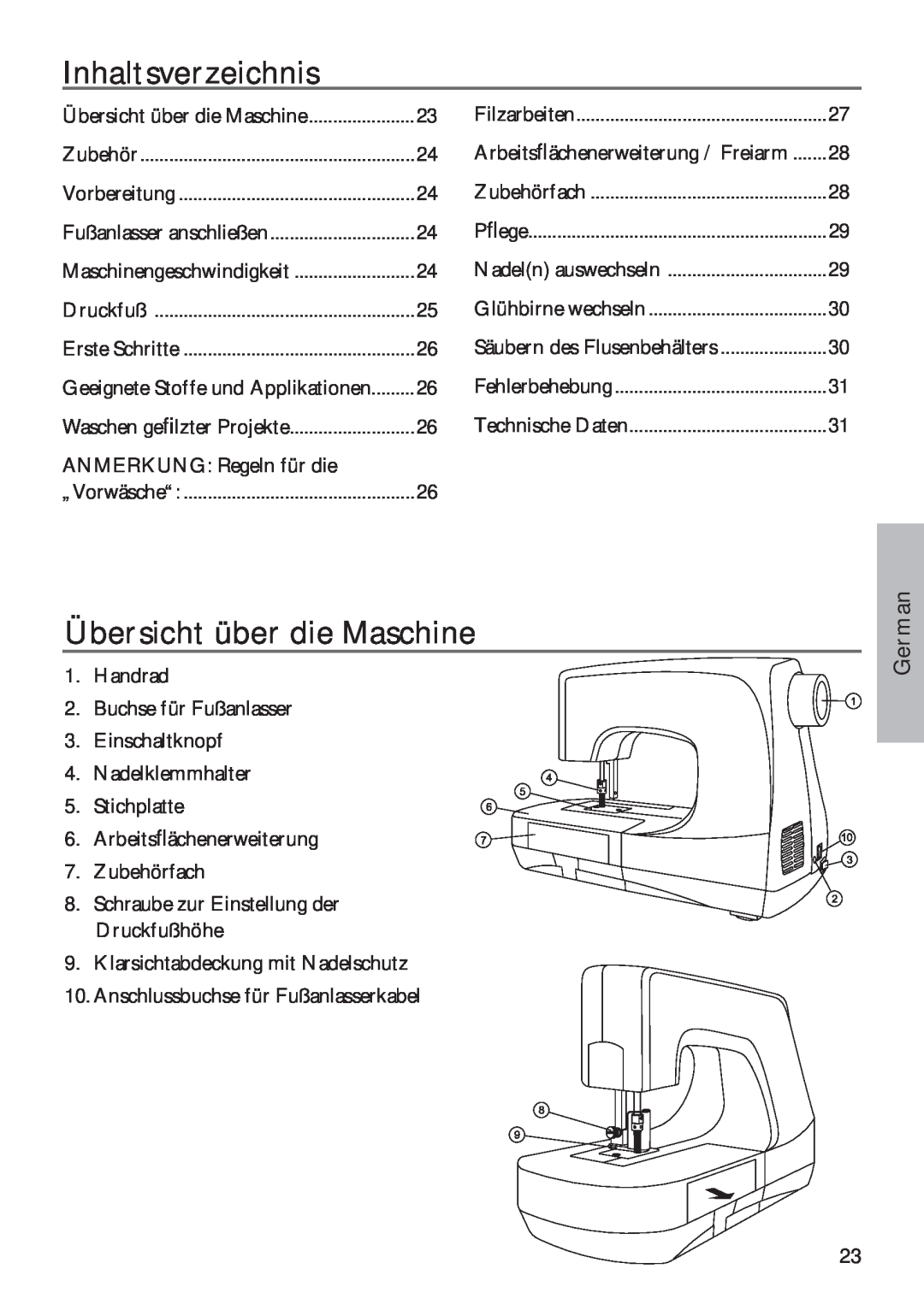 Pfaff 350P owner manual Inhaltsverzeichnis, Übersicht über die Maschine, German 