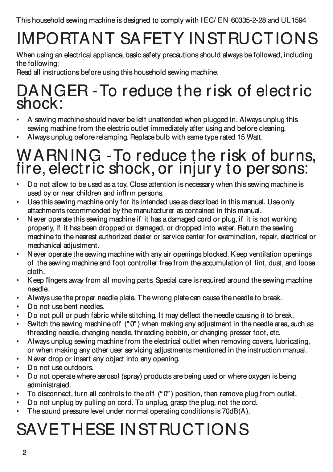 Pfaff 350P Important Safety Instructions, DANGER - To reduce the risk of electric shock, Save These Instructions 