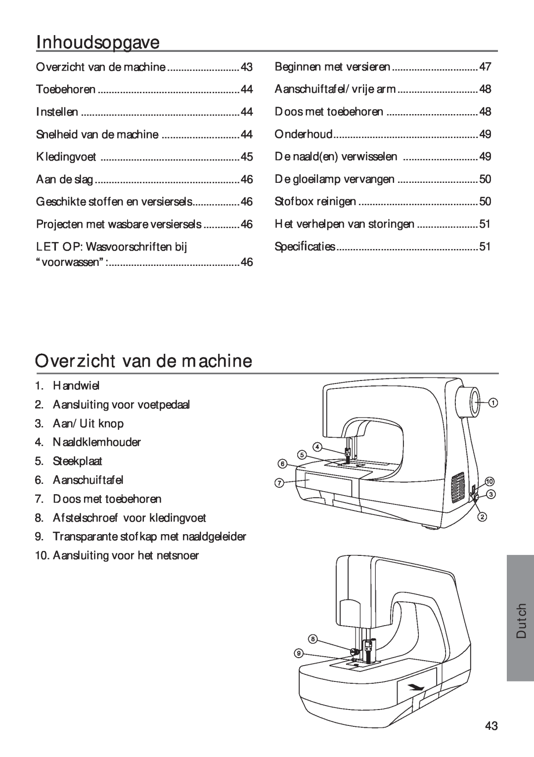 Pfaff 350P owner manual Inhoudsopgave, Overzicht van de machine, Dutch 