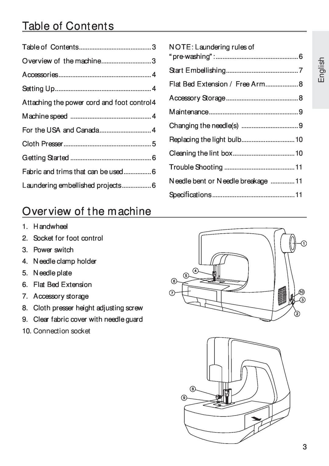 Pfaff 350P owner manual Table of Contents, Overview of the machine, English 