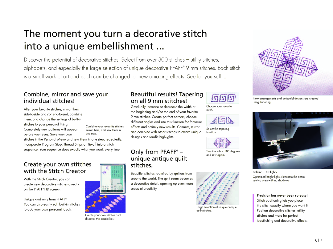 Pfaff 4.0 manual Combine, mirror and save your individual stitches, Create your own stitches with the Stitch Creator 