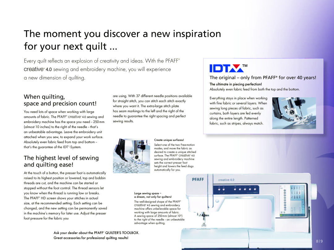 Pfaff 4.0 manual Moment you discover a new inspiration For your next quilt, New dimension of quilting 