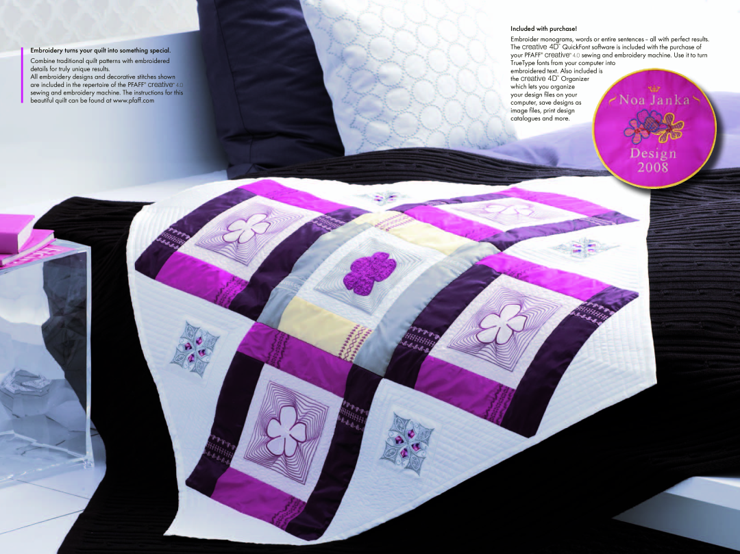 Pfaff 4.0 manual Embroidery turns your quilt into something special, Included with purchase 