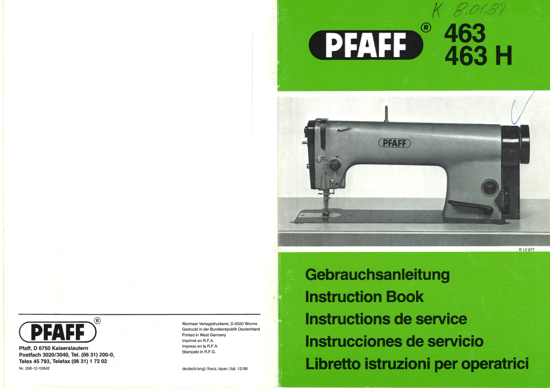 Pfaff 463H, 463 AND 463 H manual 