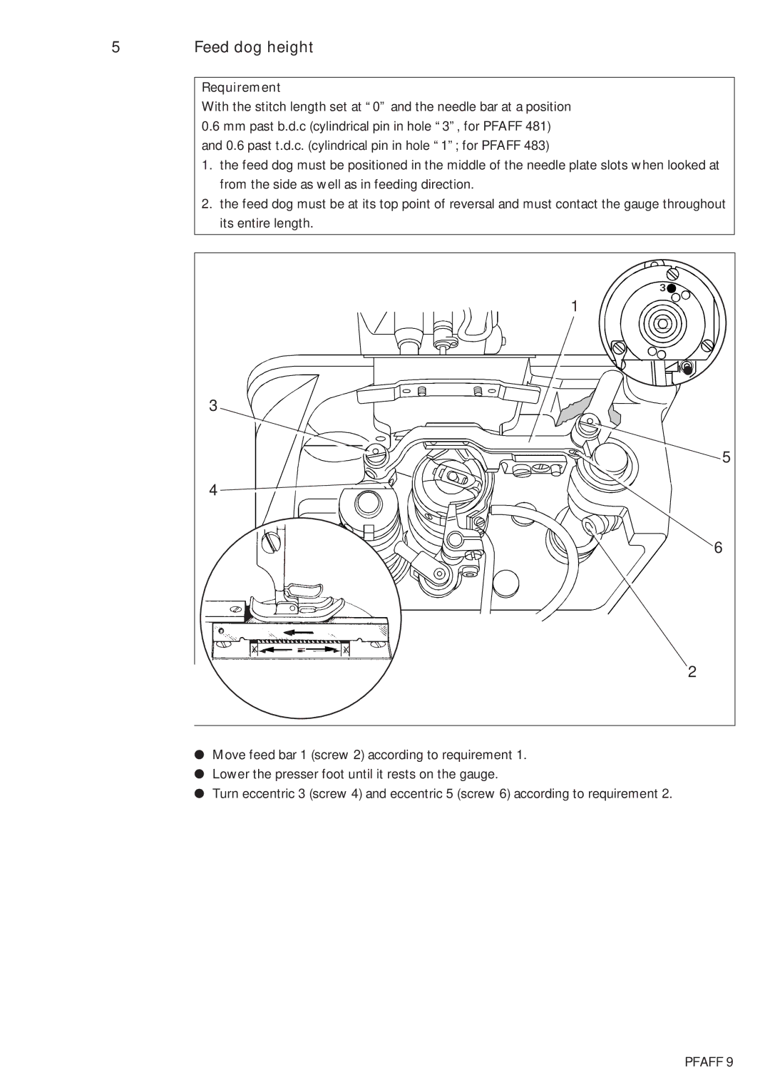 Pfaff 483, 481 service manual Feed dog height 