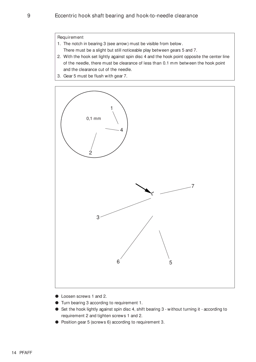 Pfaff 481, 483 service manual Eccentric hook shaft bearing and hook-to-needle clearance 