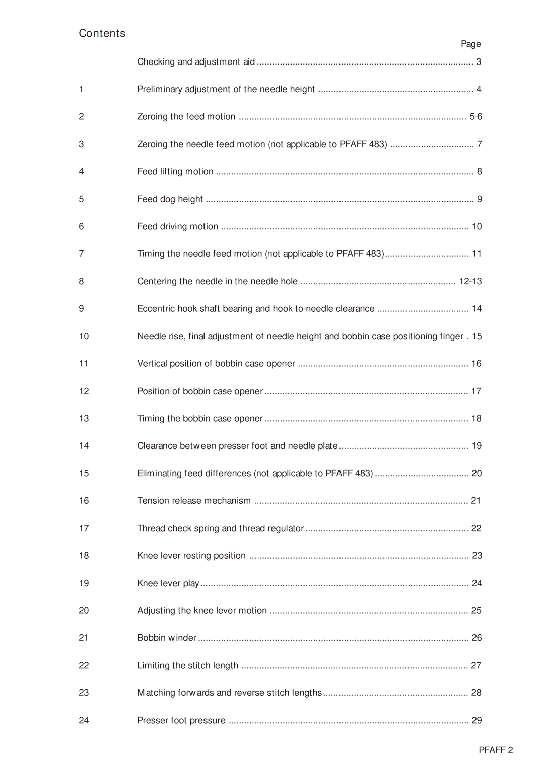 Pfaff 483, 481 service manual Contents 