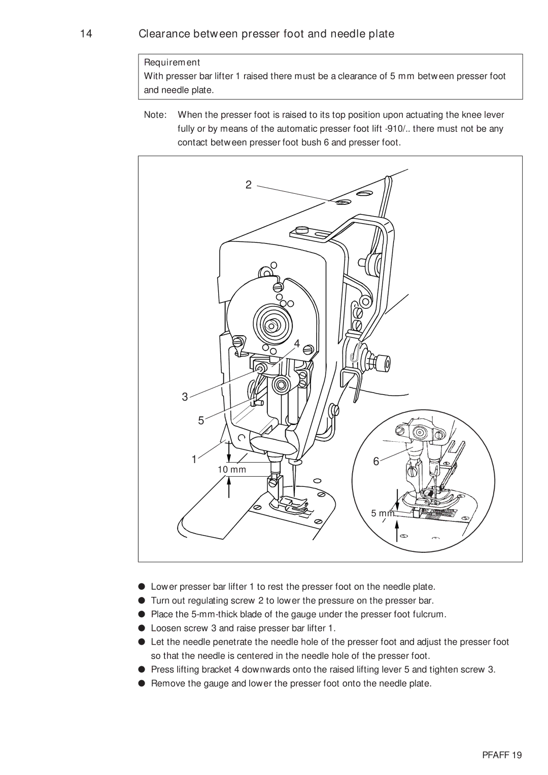 Pfaff 483, 481 service manual Clearance between presser foot and needle plate 