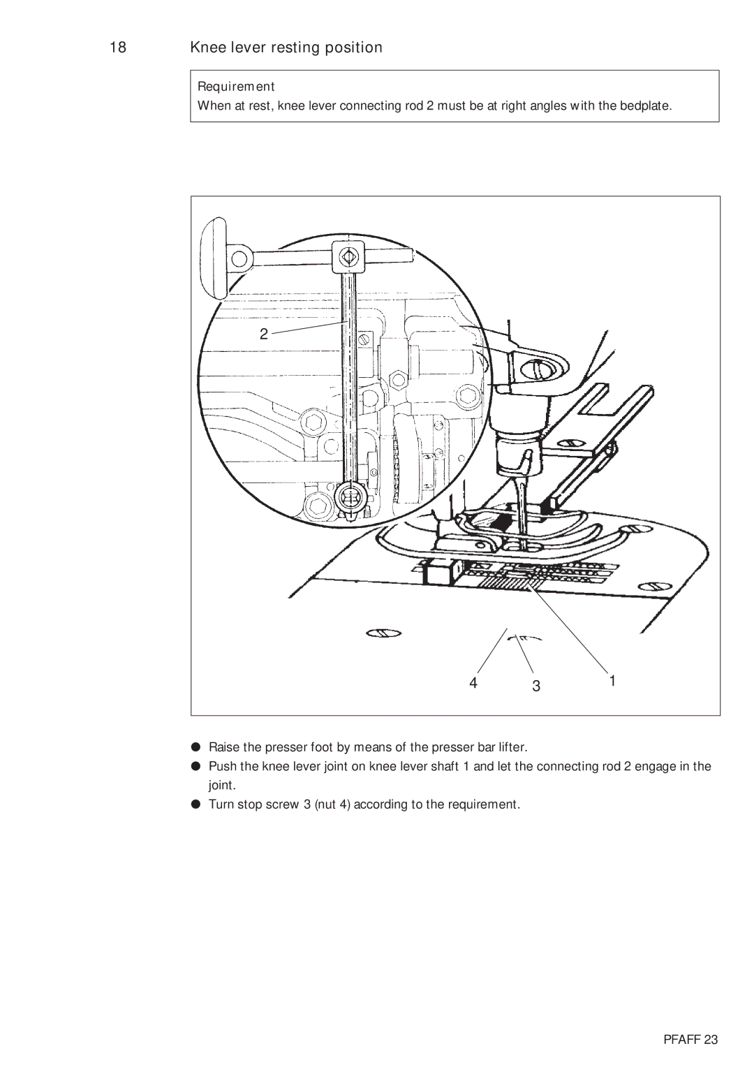 Pfaff 483, 481 service manual Knee lever resting position 