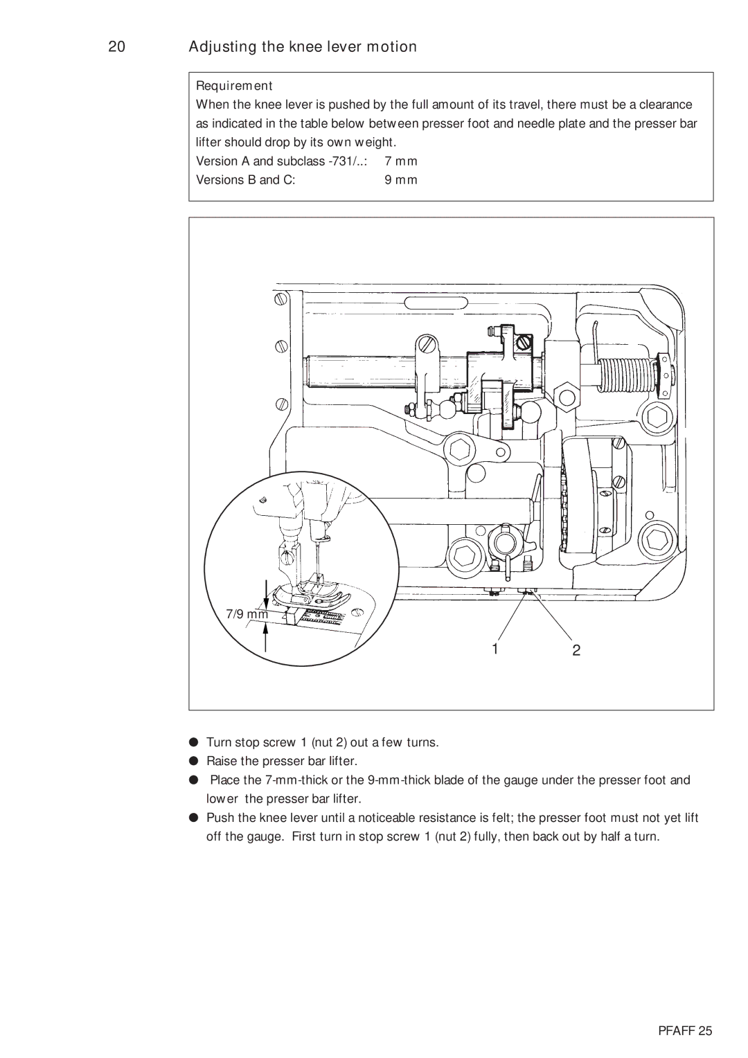 Pfaff 483, 481 service manual Adjusting the knee lever motion 