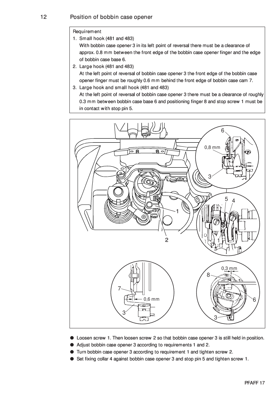 Pfaff 483, 481 service manual Position of bobbin case opener 