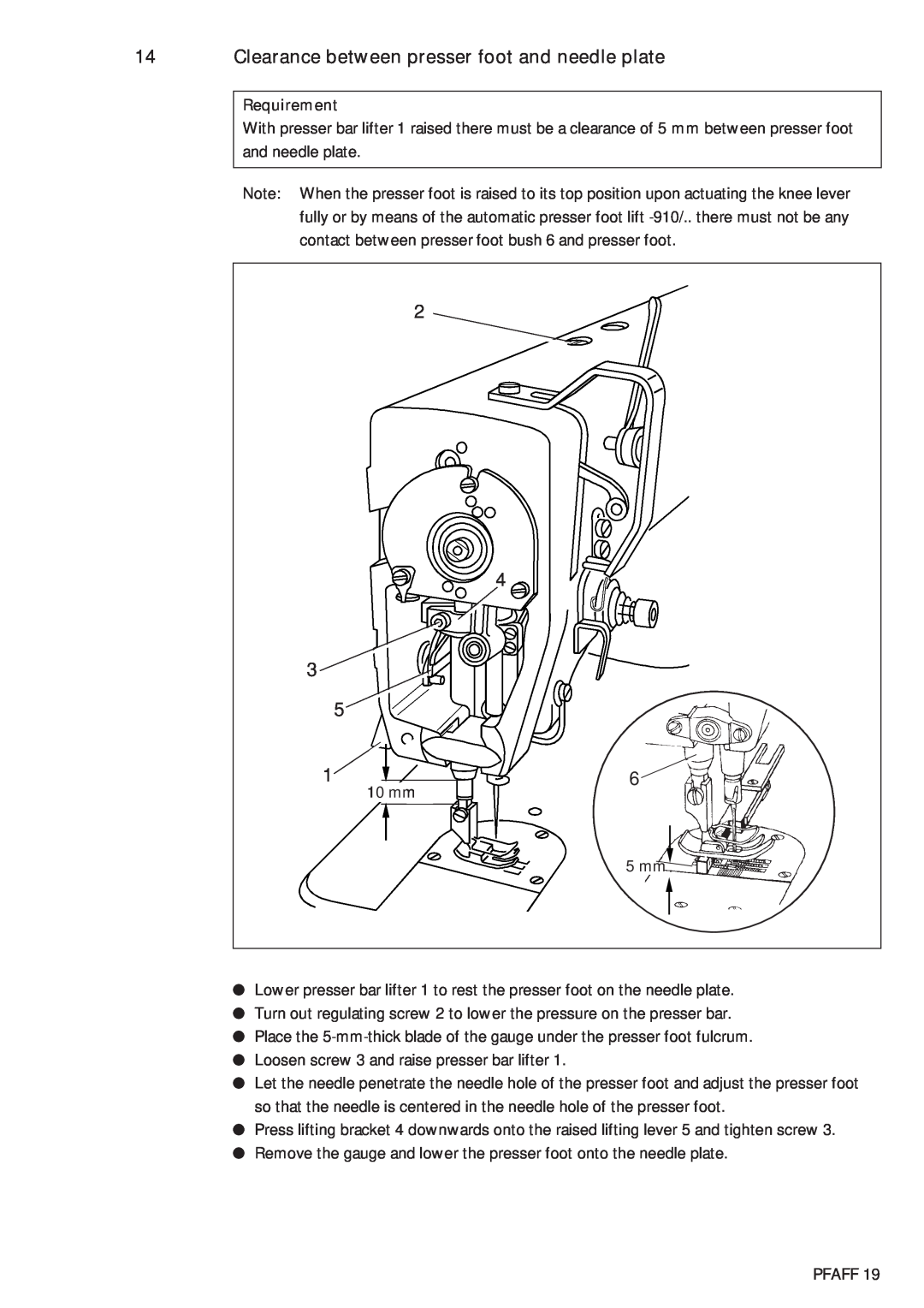 Pfaff 483, 481 service manual Clearance between presser foot and needle plate 