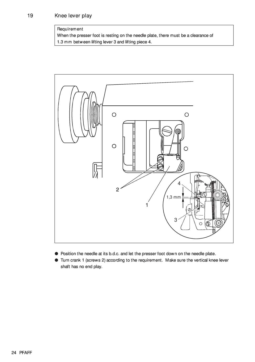 Pfaff 481, 483 service manual Knee lever play, Requirement, mm between lifting lever 3 and lifting piece, 1,3 mm, Pfaff 