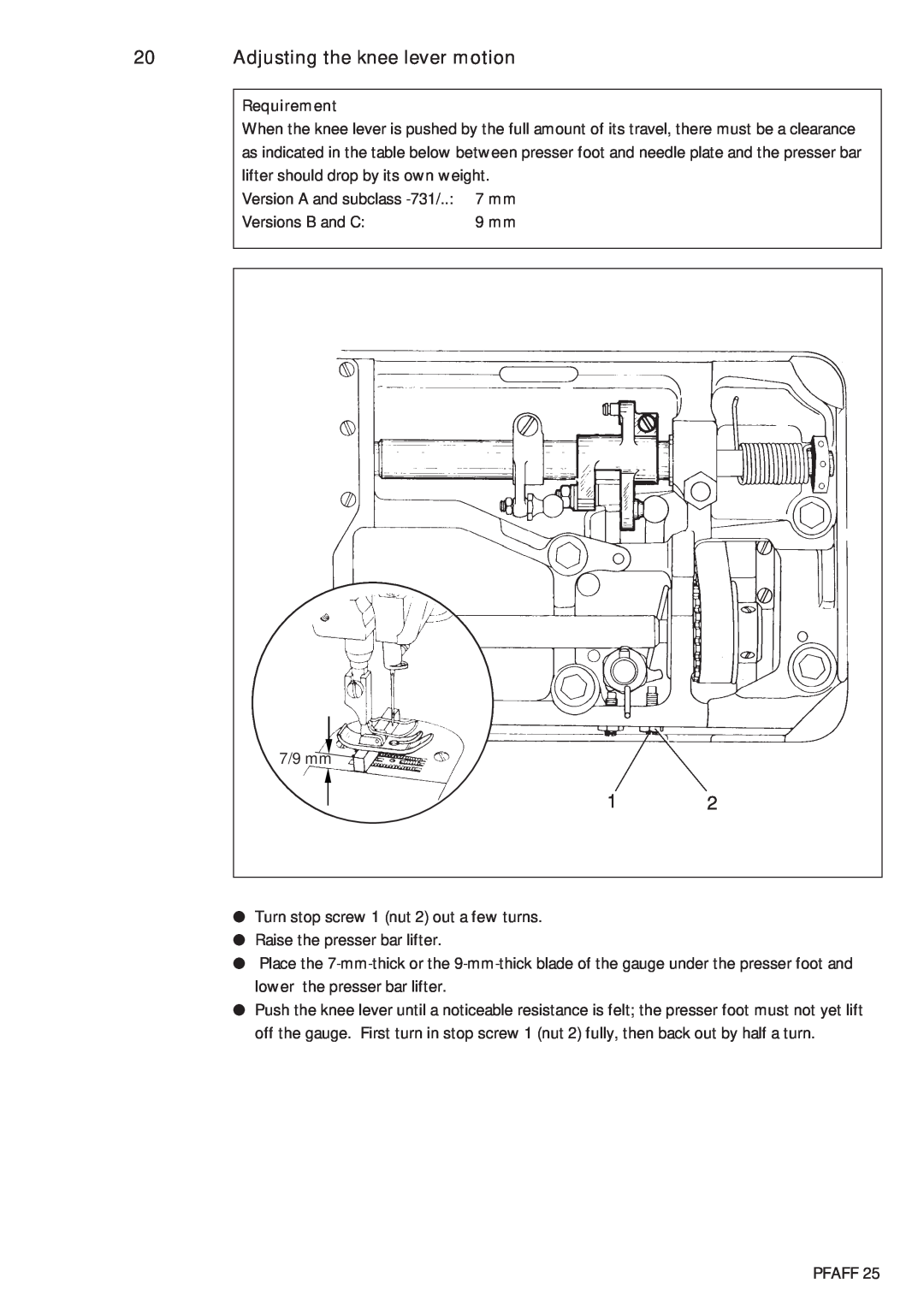 Pfaff 483, 481 service manual Adjusting the knee lever motion 