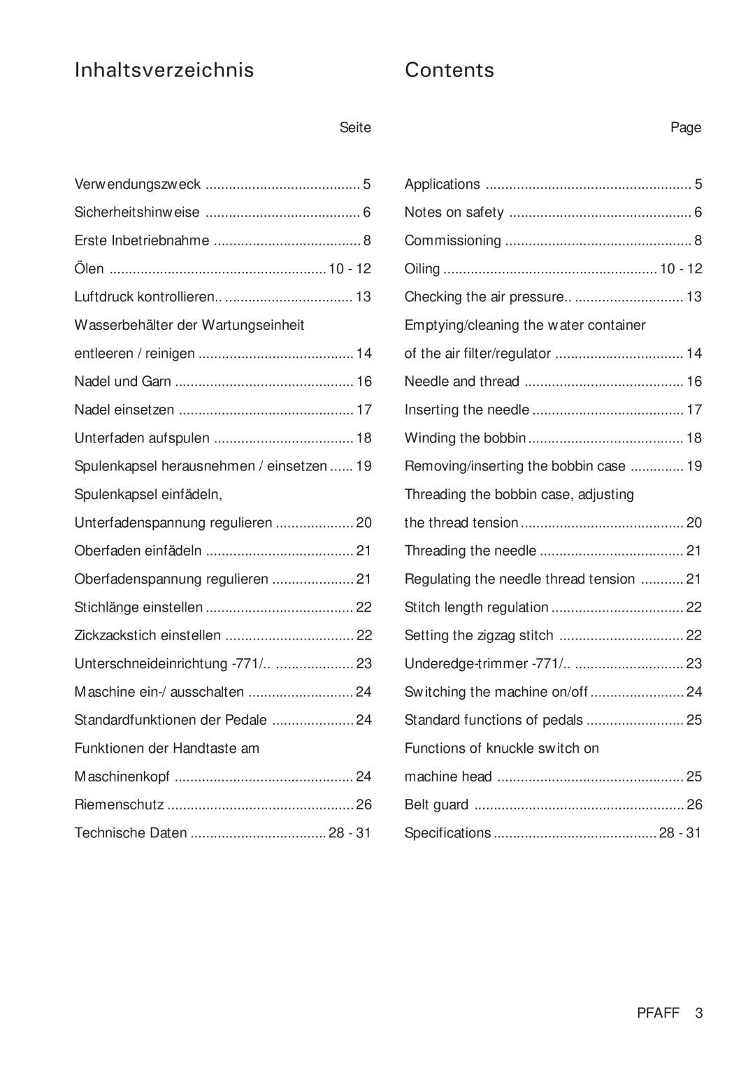 Pfaff 918 instruction manual InhaltsverzeichnisContents 