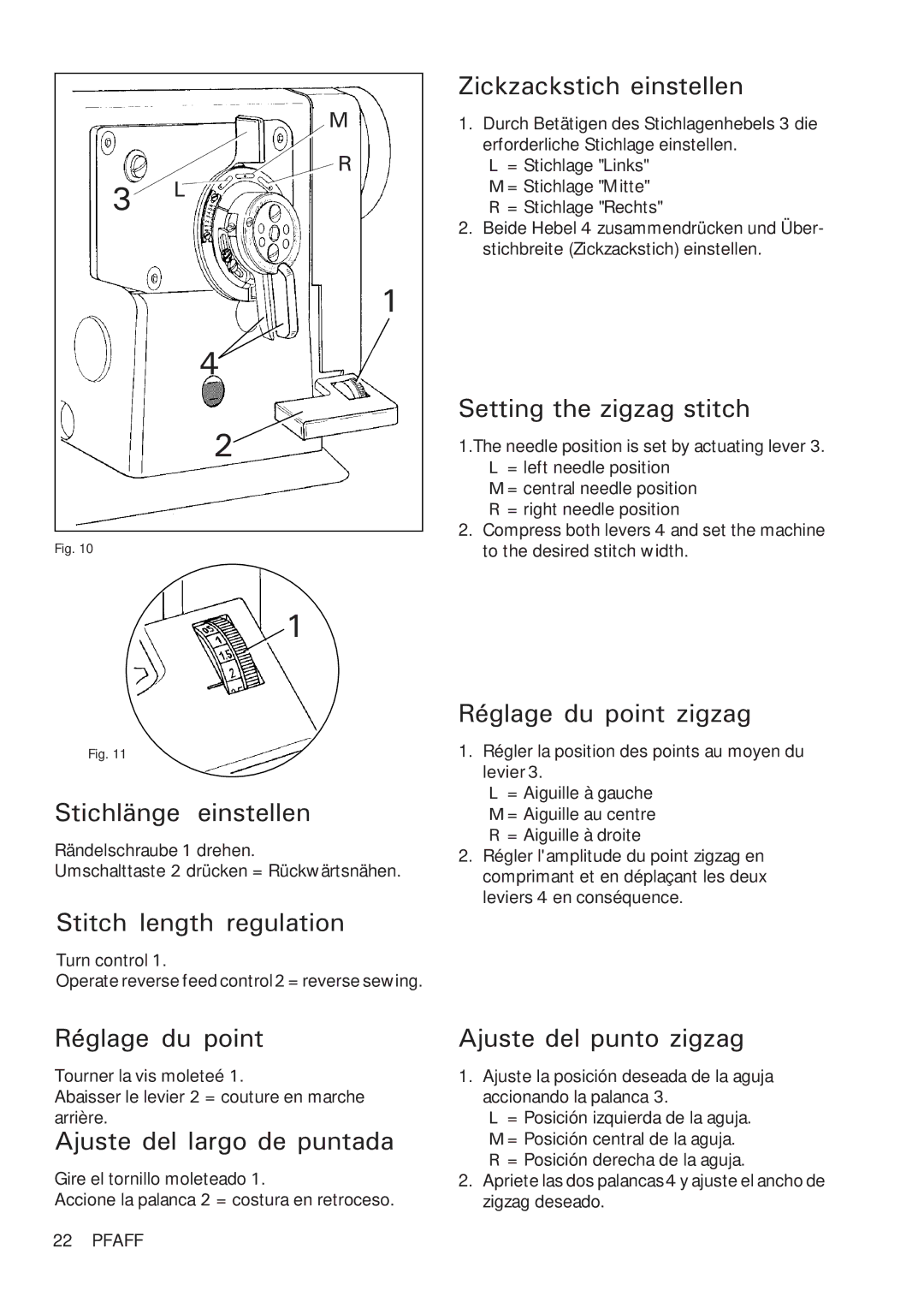 Pfaff 918 Zickzackstich einstellen, Setting the zigzag stitch, Stichlänge einstellen, Stitch length regulation 