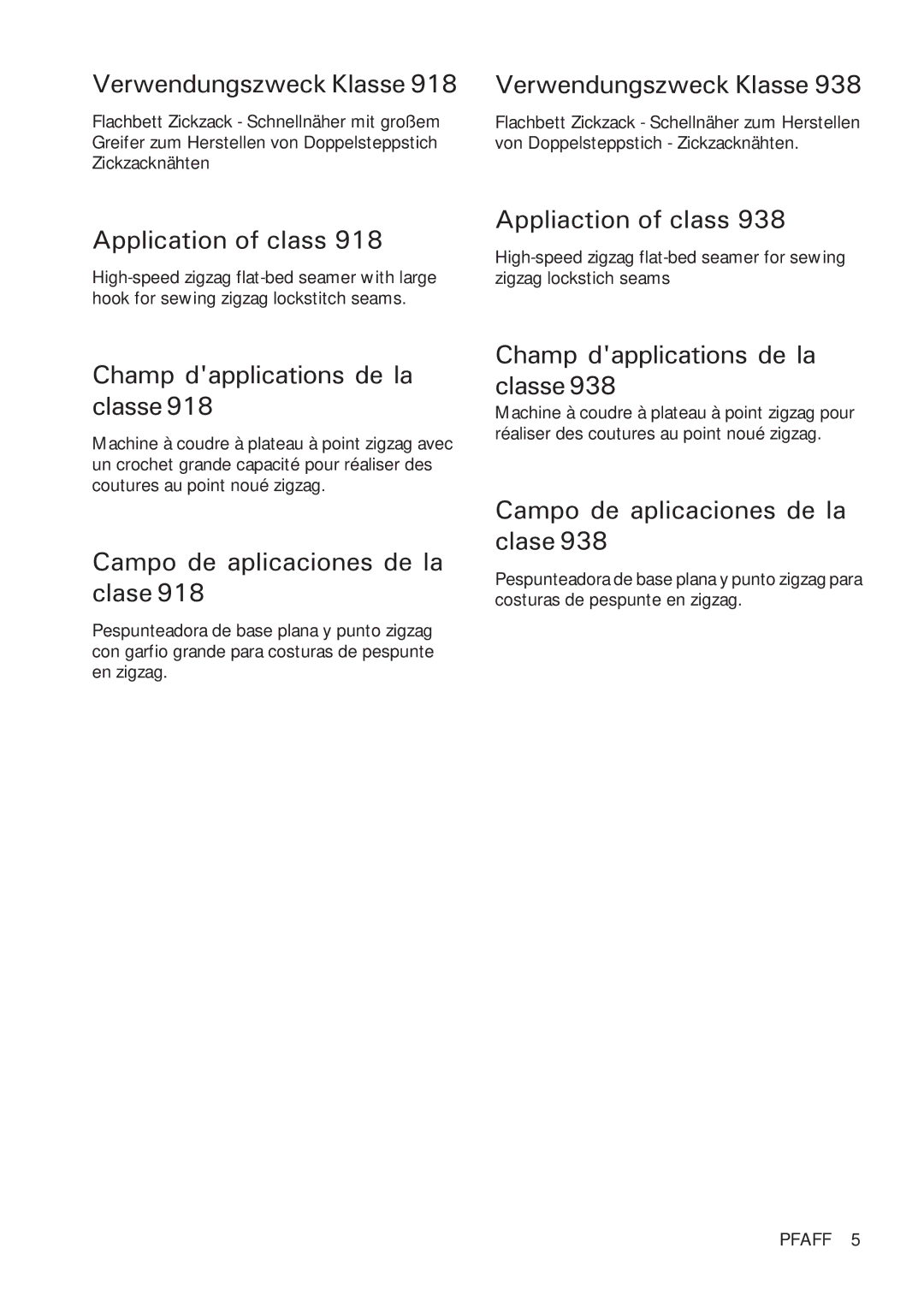 Pfaff Verwendungszweck Klasse, Application of class, Appliaction of class, Champ dapplications de la classe918 