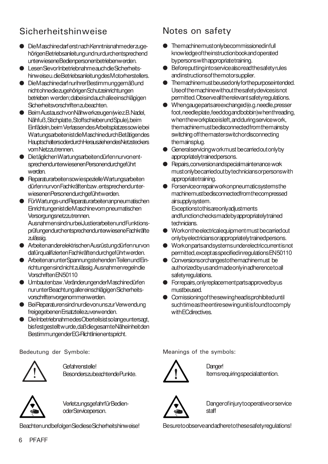 Pfaff 918 instruction manual Sicherheitshinweise 