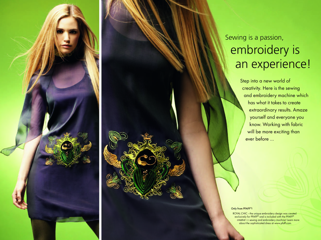 Pfaff Ccreative 2.0 manual Embroidery is an experience, Only from Pfaff 