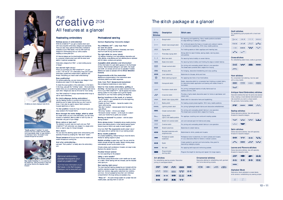 Pfaff Creative 2134 brochure creative, The stitch package at a glance, All features at a glance, Pfaff 