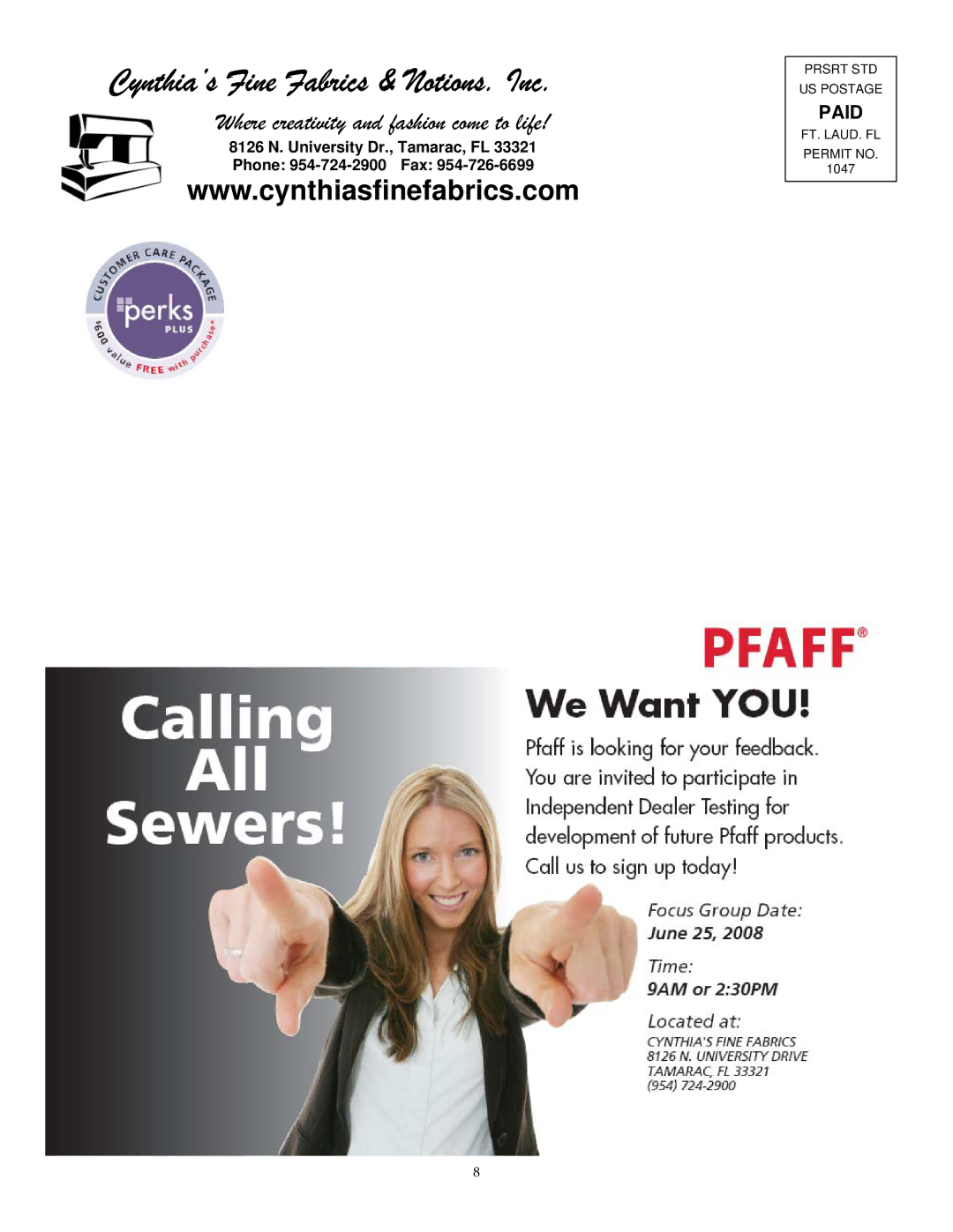 Pfaff Deluxe manual Cynthia’s Fine Fabrics & Notions. Inc, 8126 N. University Dr., Tamarac, FL Phone 954-724-2900 Fax 